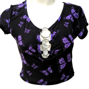 Streetwear Society crop top, black with purple butterflies, sz medium